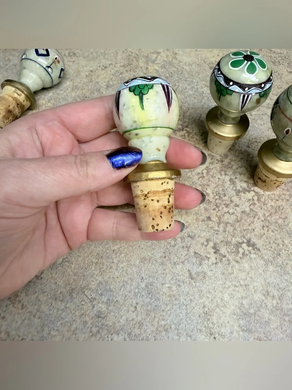 Pier1 Imports 3” Hand Painted Stone Bottle Stoppers Set of Four